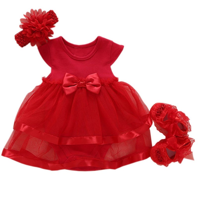 Niyage Baby Girls Clothes Dress Headband Shoes 3 Pcs Set Flowers Party Outfit Romper Dress-Red 3-6 Months - Image 1